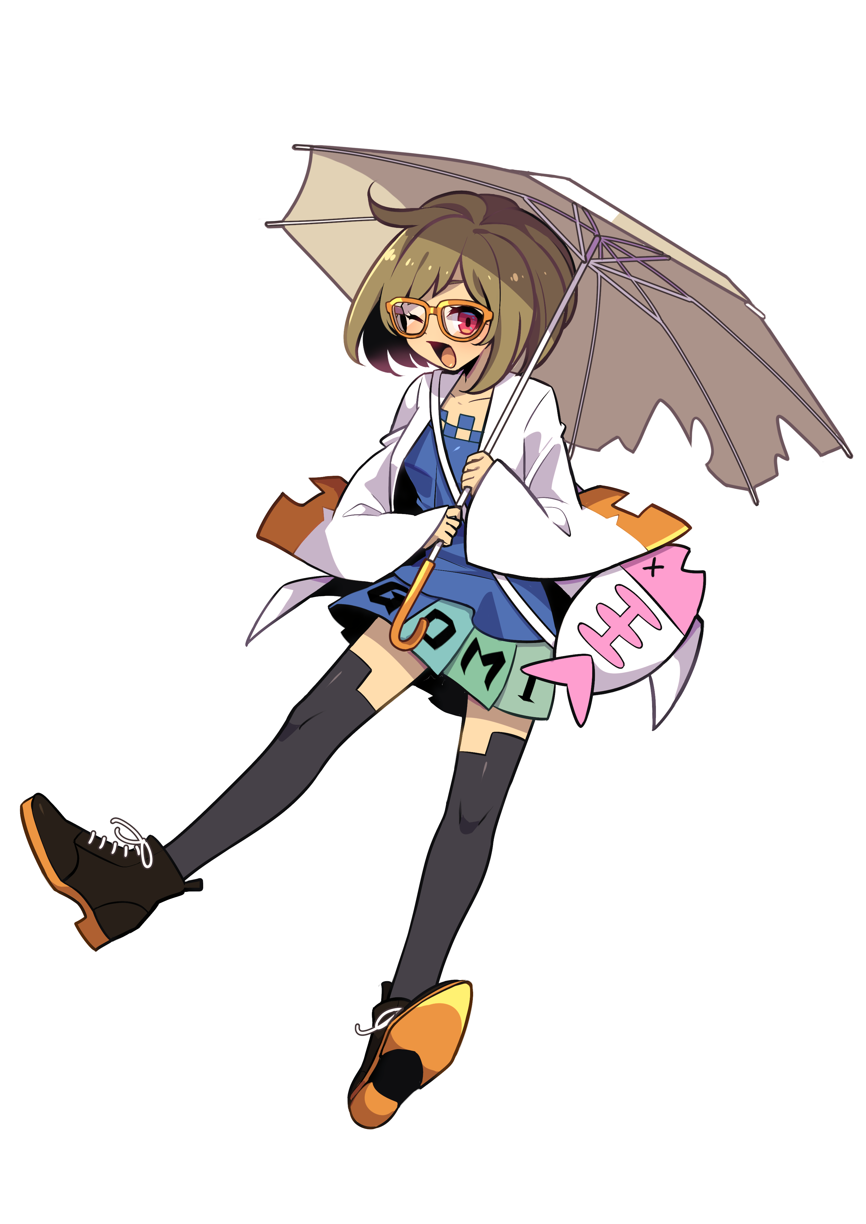 Gomi-Chan, the GOMIMACHI mascot, mid-stride under an umbrella